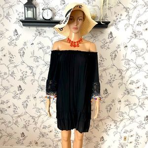 Off the Shoulder Pom Pom Lace Sleeve Dress